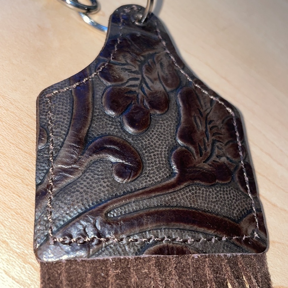 New H&M Ranch Leather Embossed Eartag Keychain with Fringe
